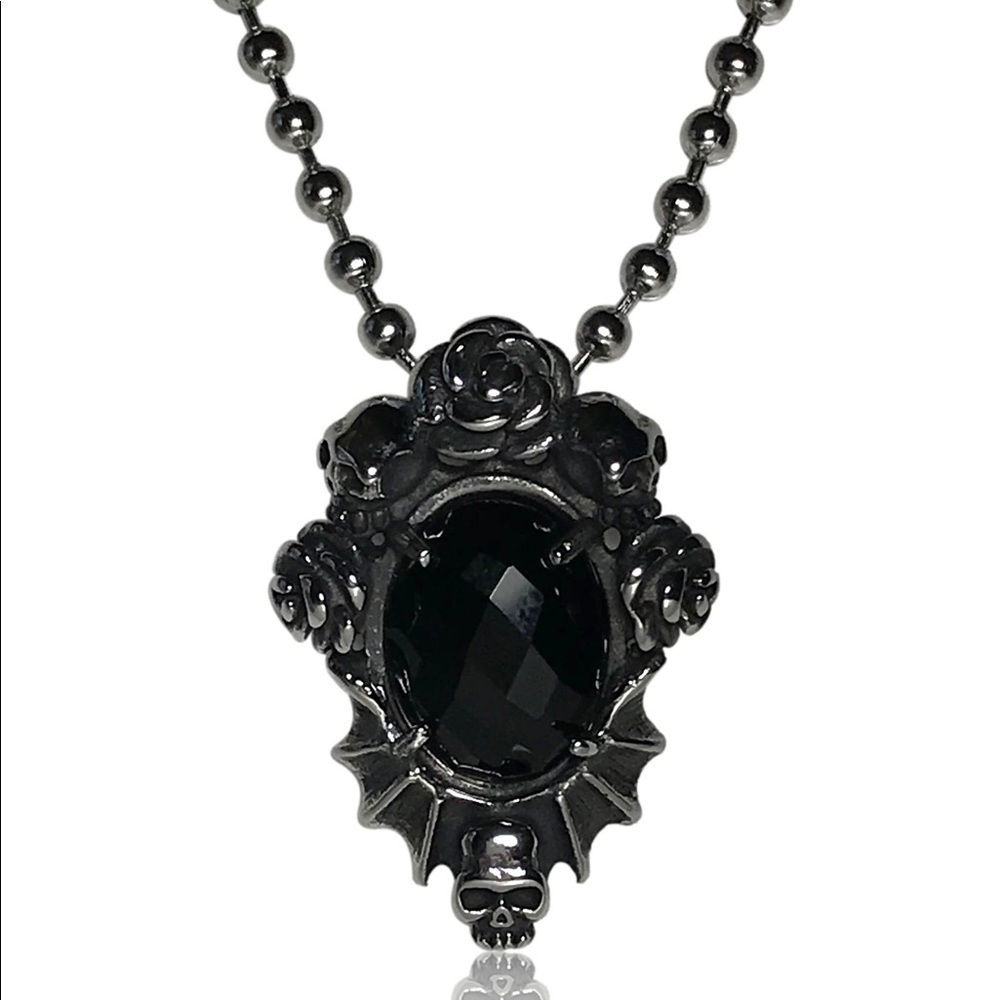 Gothic Punk Black Gem Rose Floral Skull Necklace - Picture 1 of 3